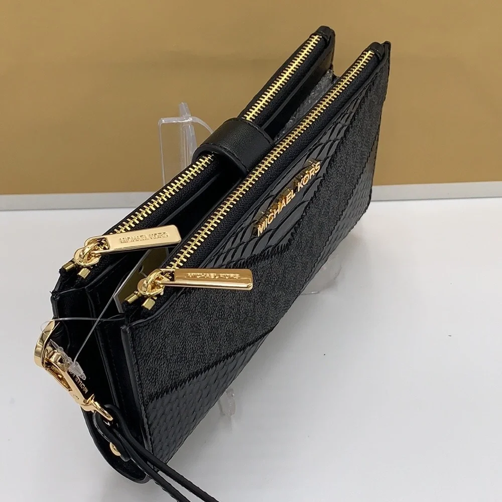 MICHAEL KORS Black MULTI LG DOUBLE ZIP WRSTLT Crocodile Leather Snakeskin